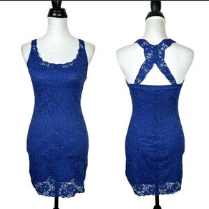 NWT O’Neill navy blue, bodycon, minidress with lace overlay. Sz. Medium.